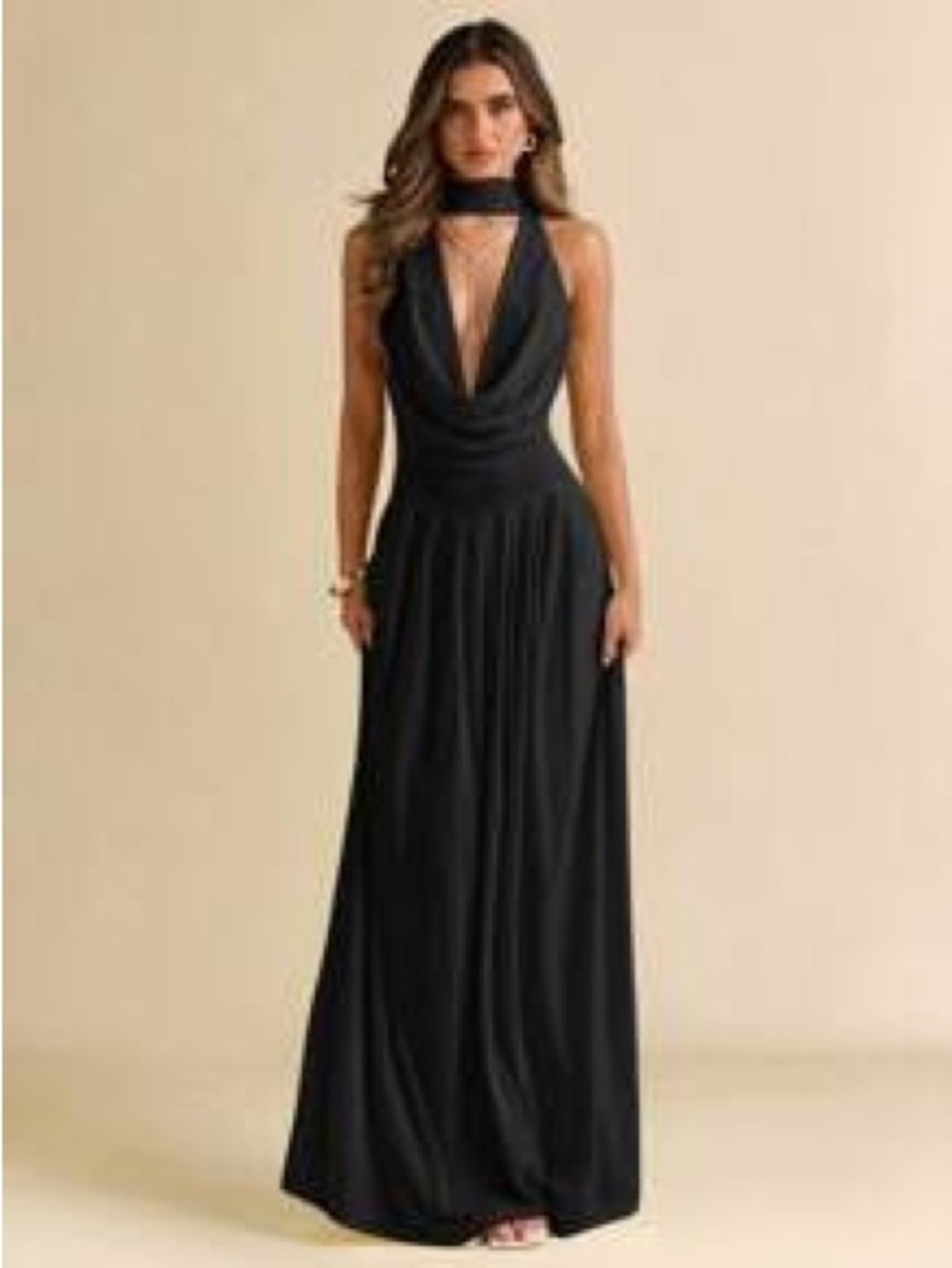 SHEIN Black Halter Cowl Neck Maxi Gown
